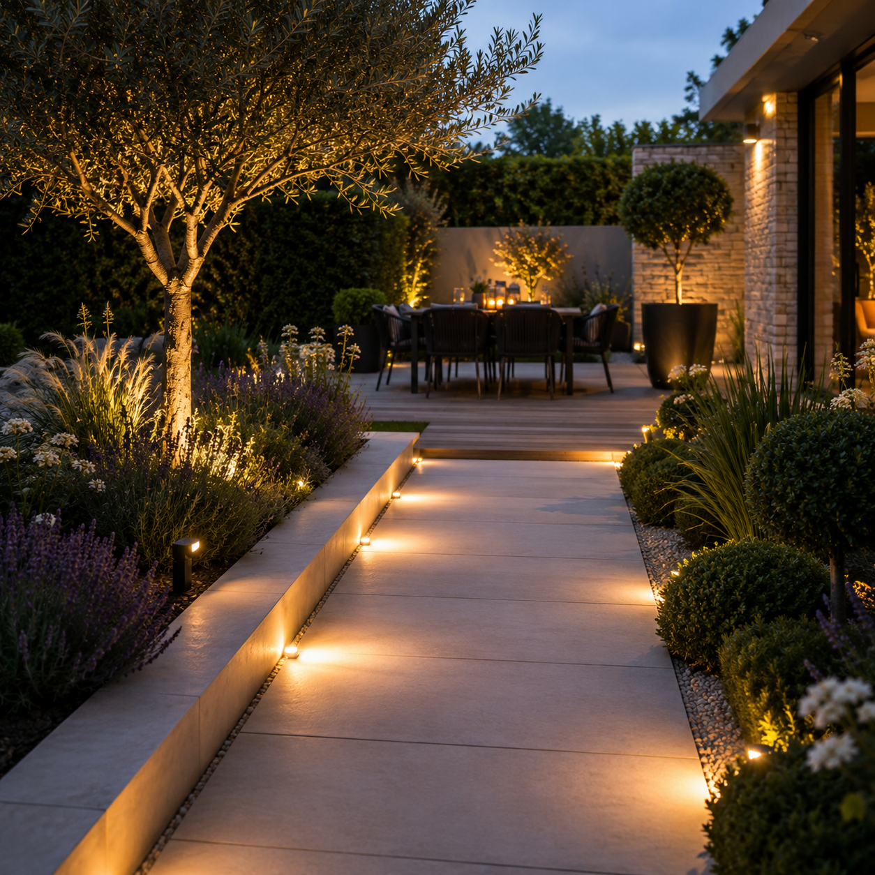 Aménagement extérieur avec terrasse et éclairage