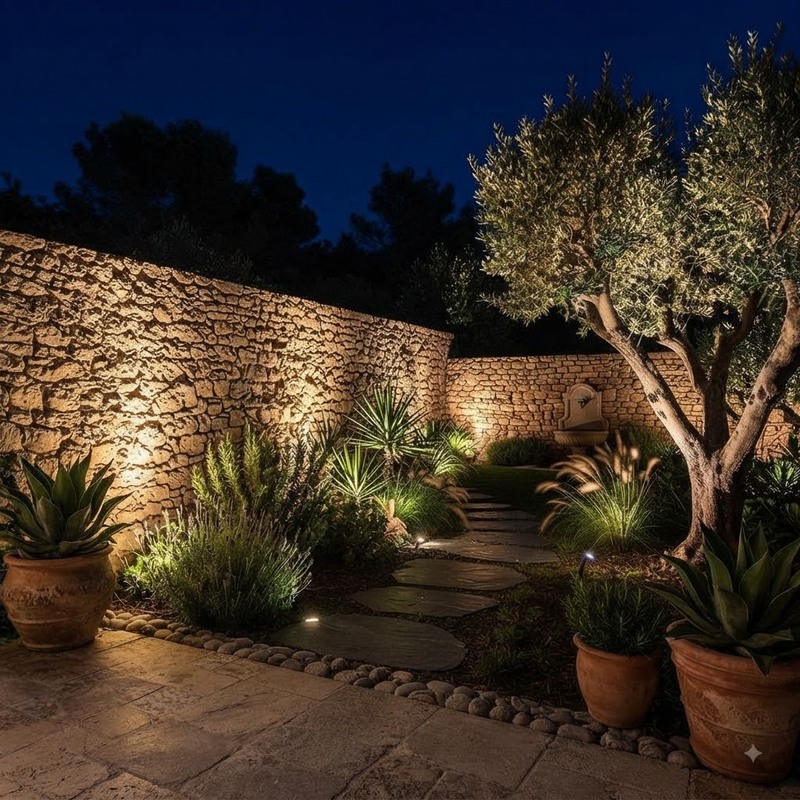 Éclairage extérieur de nuit dans un jardin paysager